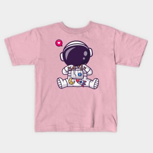 Cute Astronaut Playing With Moon And Rocket Puppet Cartoon Kids T-Shirt